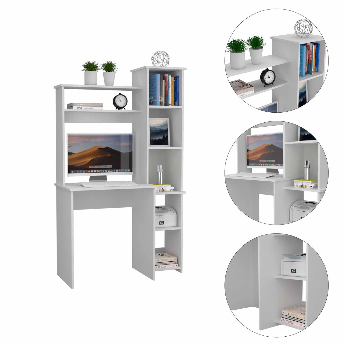 White Computer Desk with Bookcase - 63.9" Rectangular Office Table