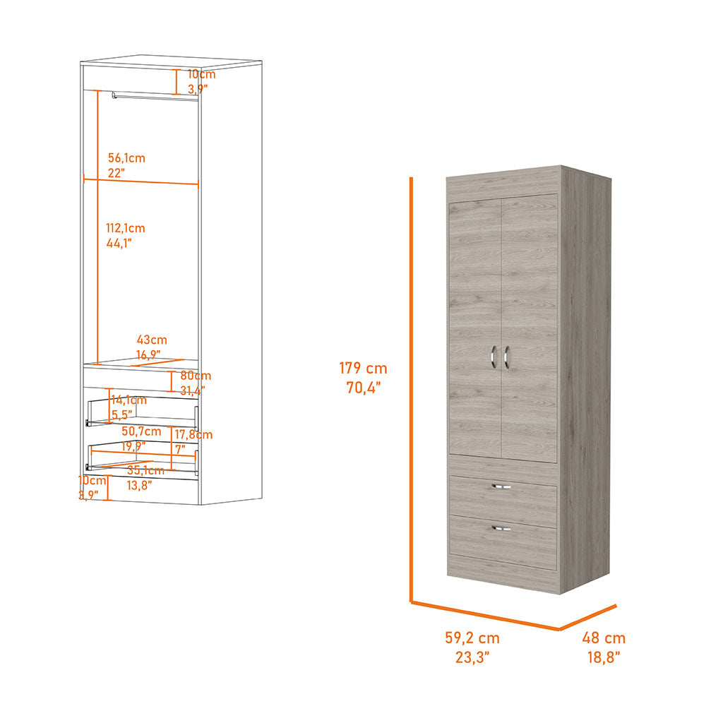 Light Gray Alabama Armoire - 2 Drawers & Hanging Rod for Bedroom