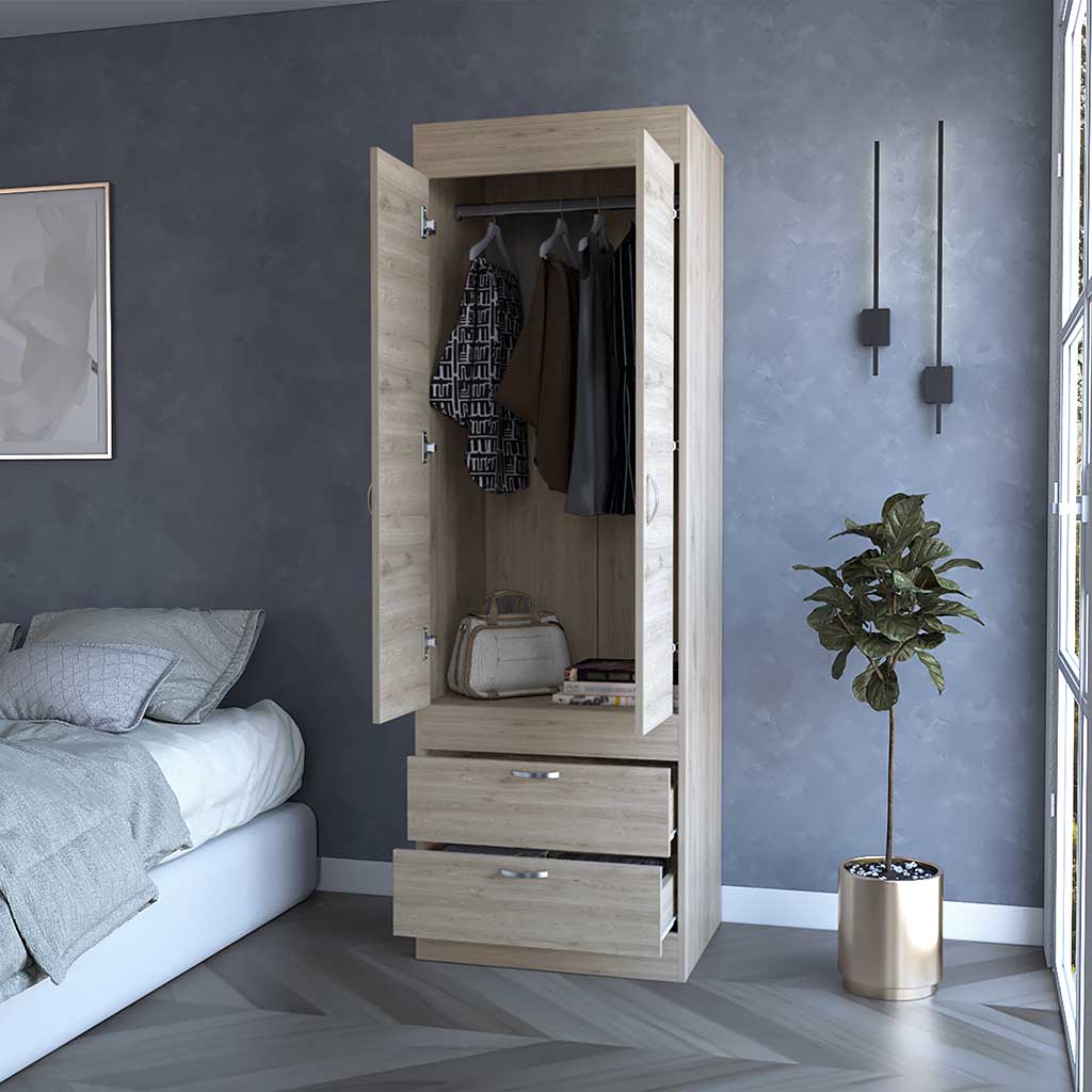 Light Gray Alabama Armoire - 2 Drawers & Hanging Rod for Bedroom