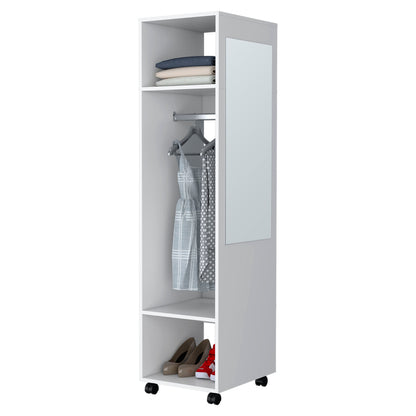 63" White Melamine Bedroom Dresser with Wheels