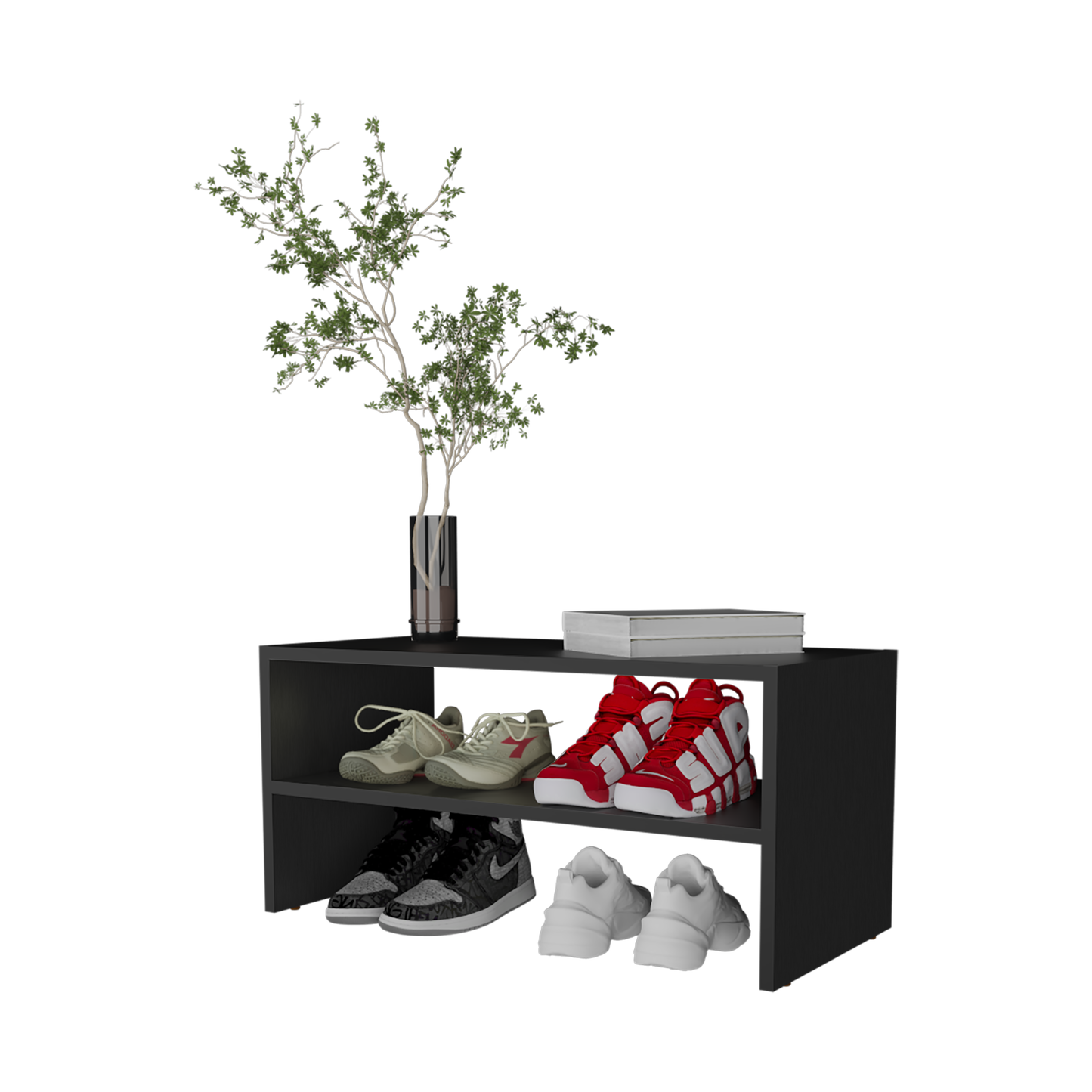 Black Melamine Shoe Rack - 2 Shelves, Compact Storage for Bedroom