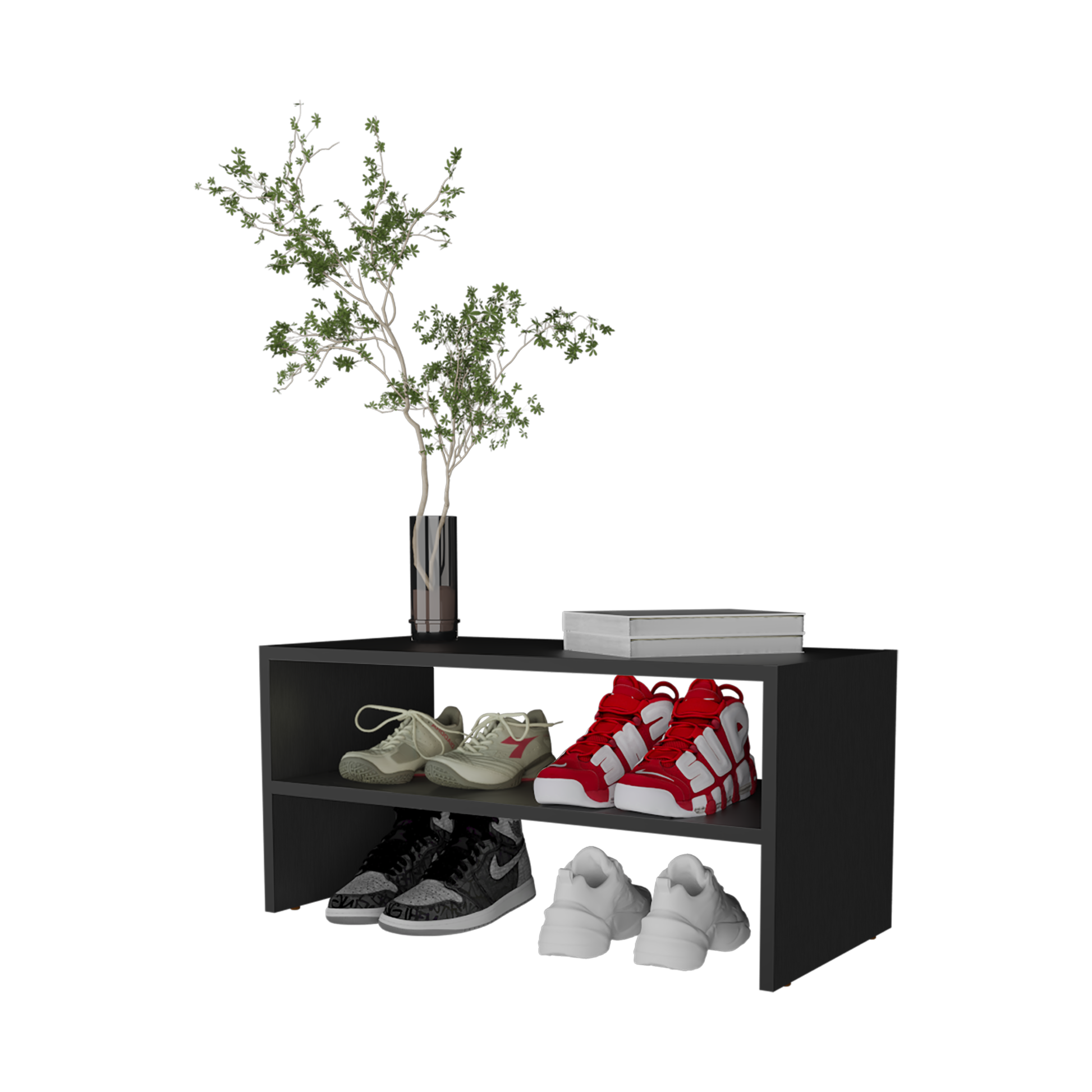 Black Melamine Shoe Rack - 2 Shelves, Compact Storage for Bedroom