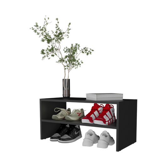 Black Melamine Shoe Rack - 2 Shelves, Compact Storage for Bedroom
