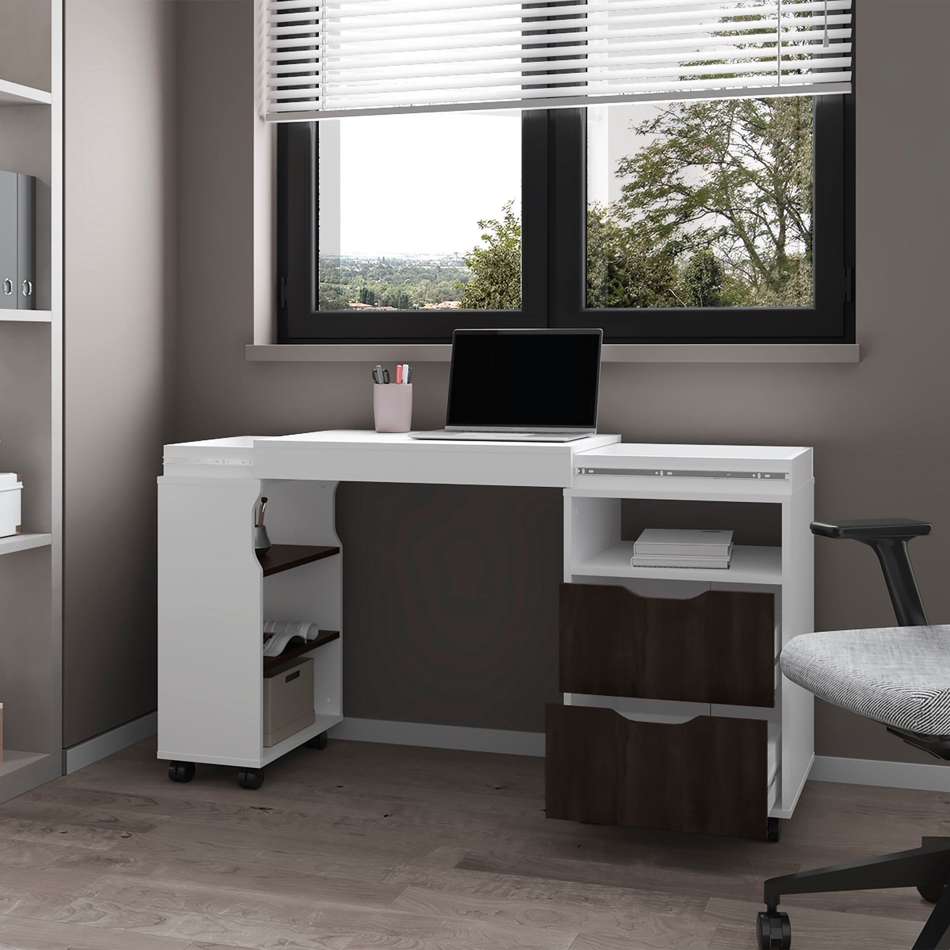 Extendable Computer Desk with Drawers & Shelves