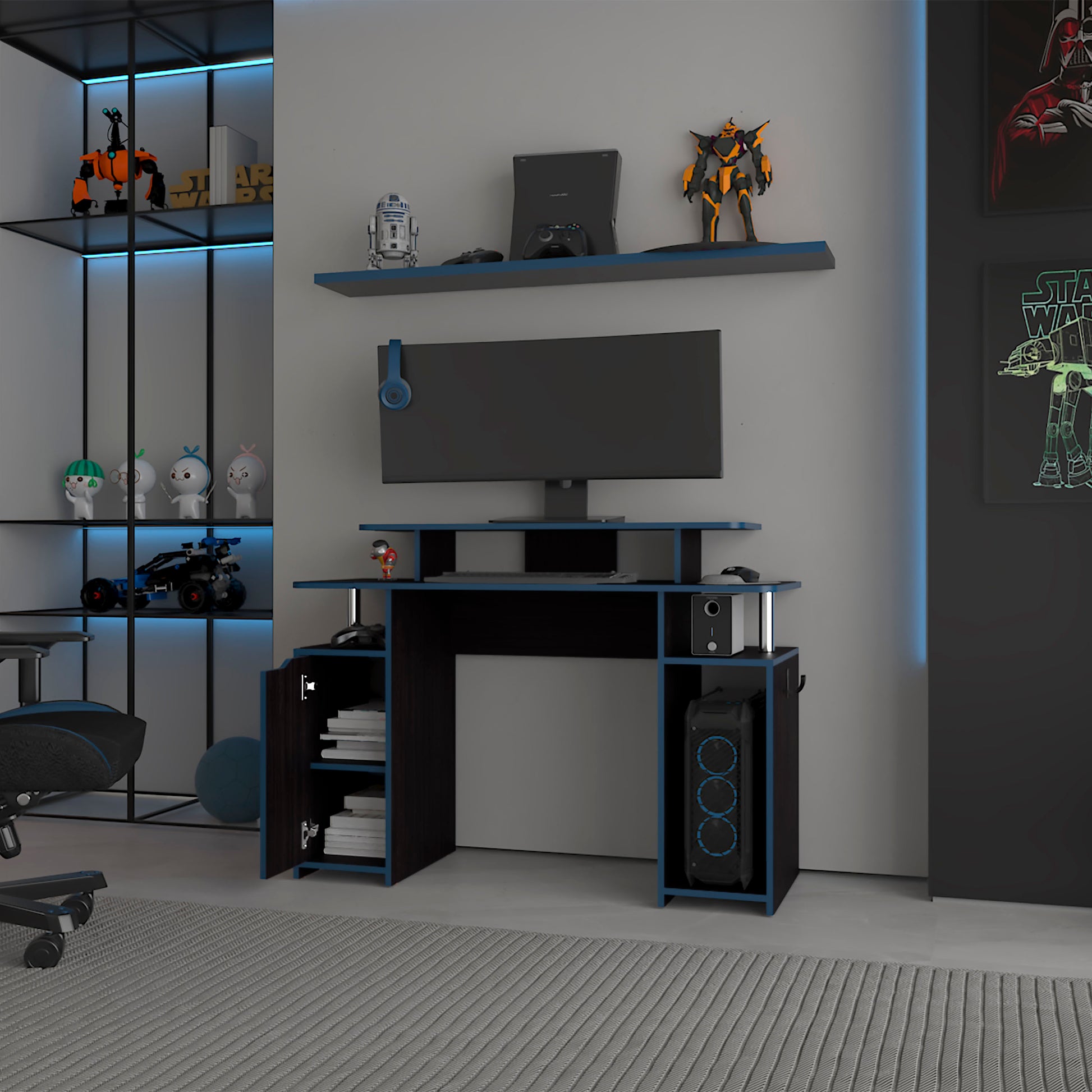 Modern Multicolor Gaming Desk with Elevated Monitor Shelf
