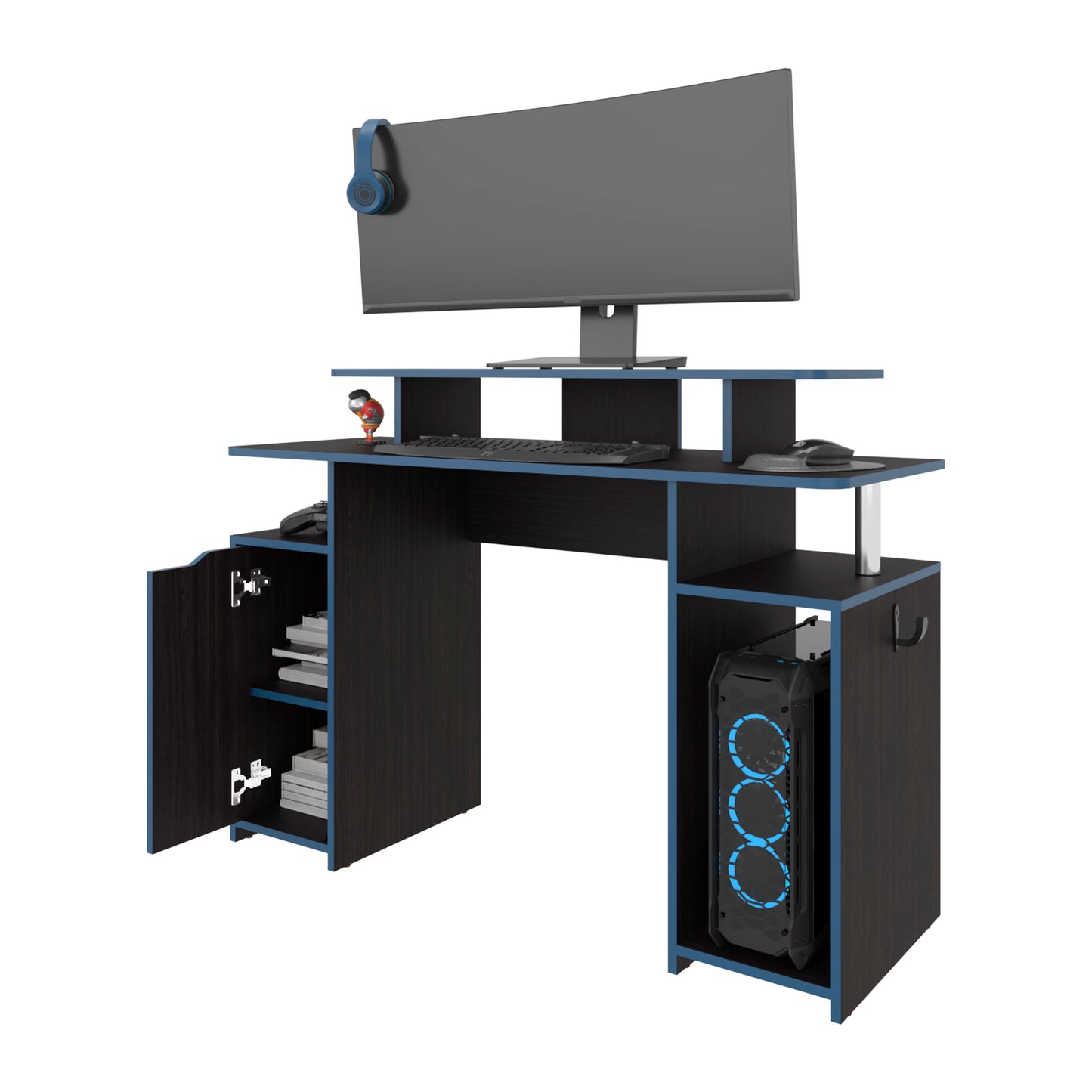 Modern Multicolor Gaming Desk with Elevated Monitor Shelf