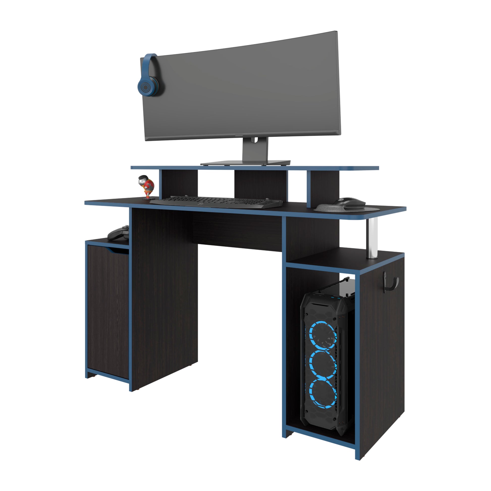 Modern Multicolor Gaming Desk with Elevated Monitor Shelf