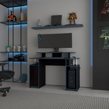 FM FURNITURE Lol Minimalist Gaming Desk with Elevated Monitor Shelf. Blue Accents