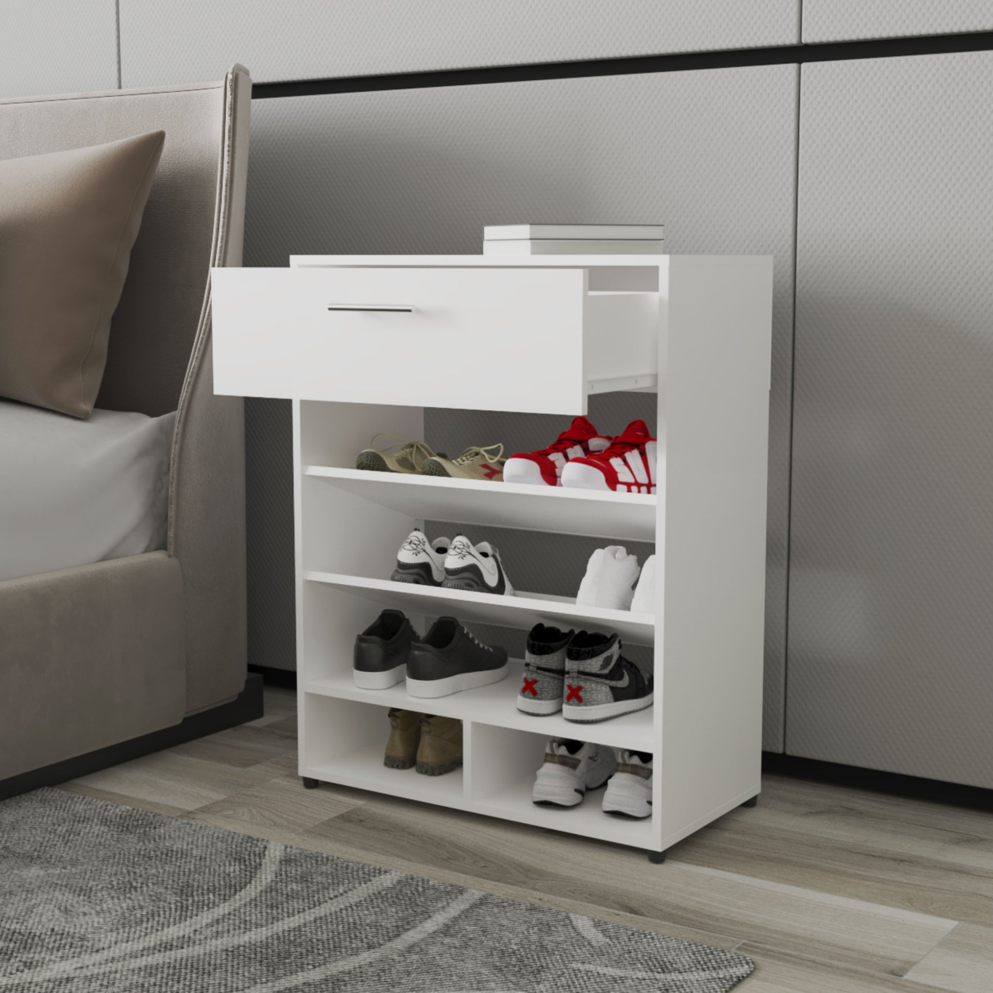 FM FURNITURE Onawa Shoe Rack - White Particle Board Storage for Bedroom