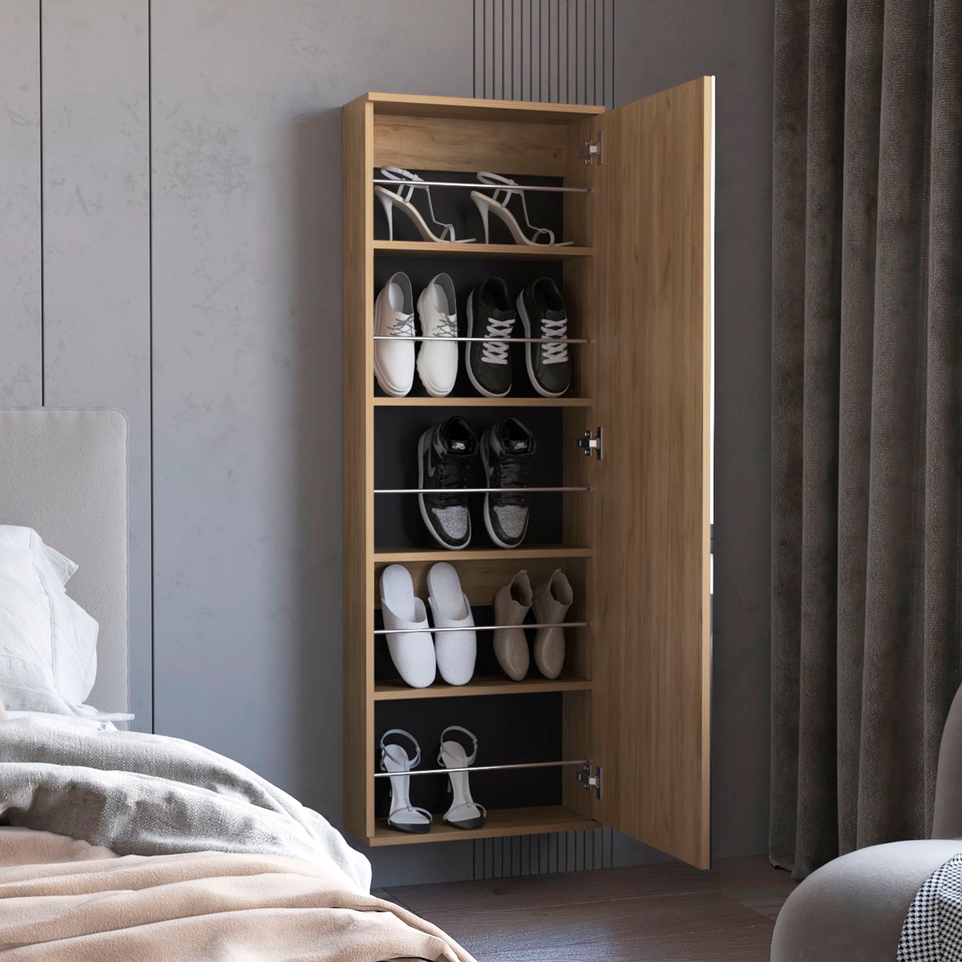 Light Oak Bedroom Shoe Storage Cabinet with Mirror