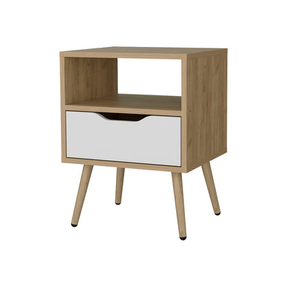 White + Light Oak Nightstand with 1 Drawer - Bedroom Storage