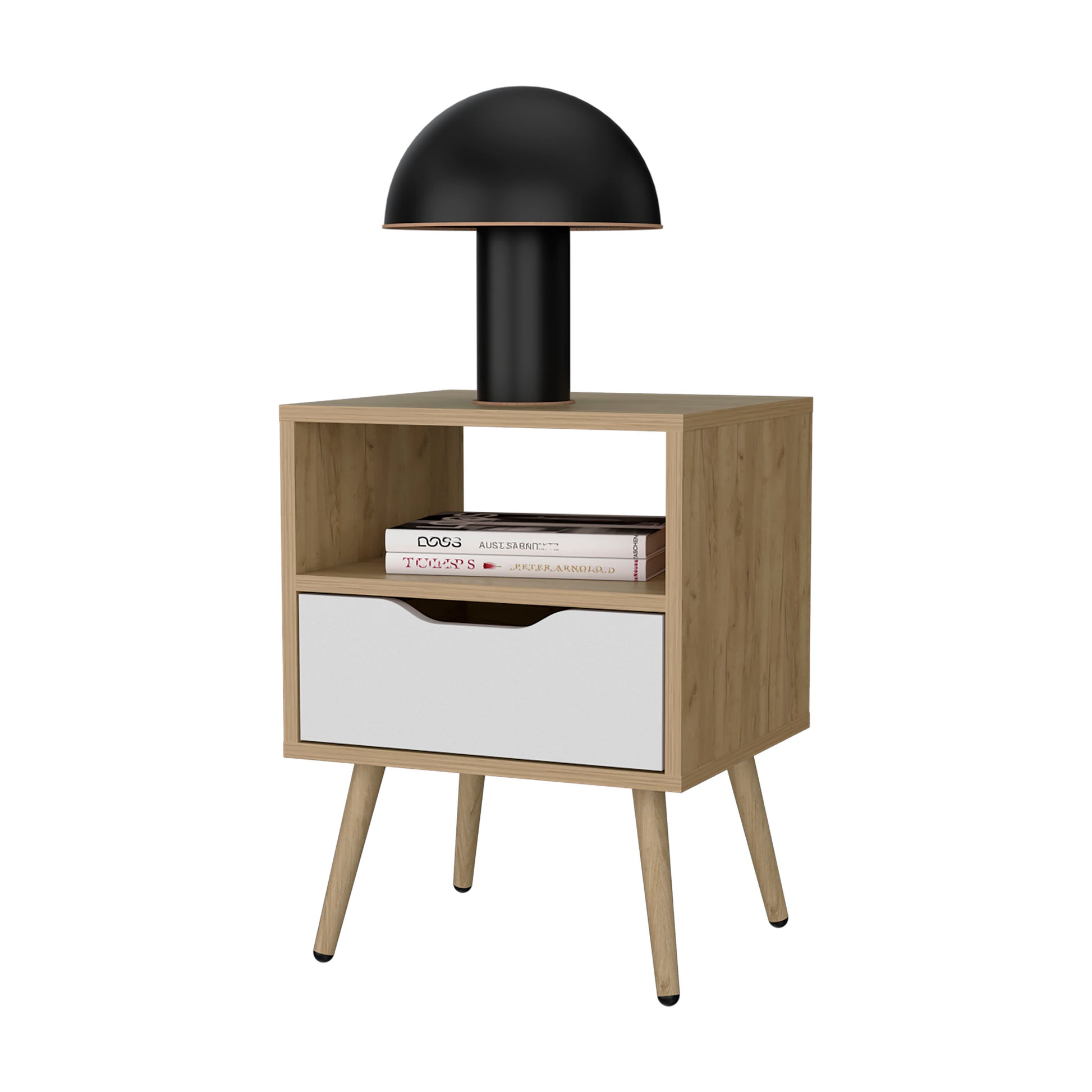 White + Light Oak Nightstand with 1 Drawer - Bedroom Storage