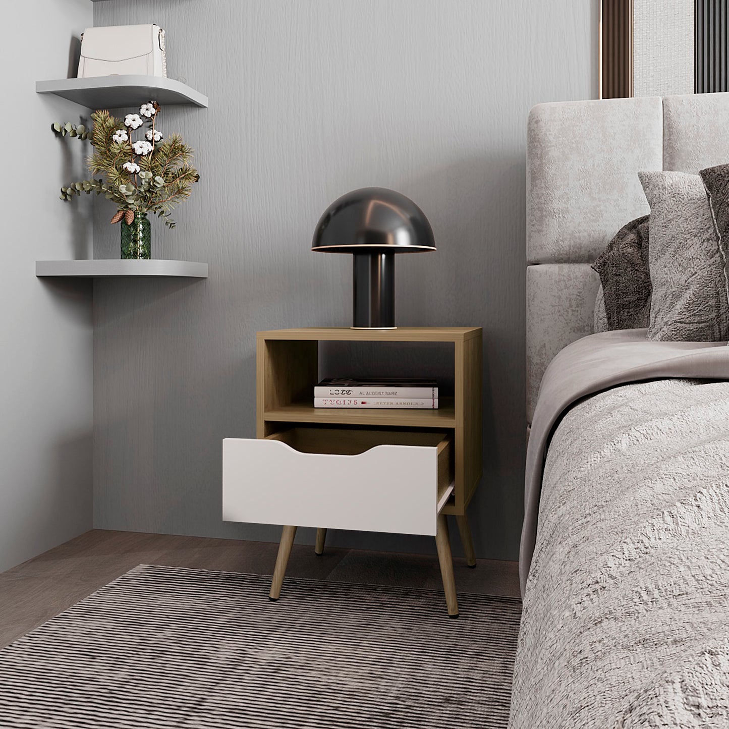 White + Light Oak Nightstand with 1 Drawer - Bedroom Storage
