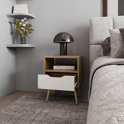 White + Light Oak Nightstand with 1 Drawer - Bedroom Storage
