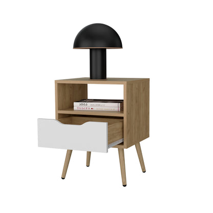 White + Light Oak Nightstand with 1 Drawer - Bedroom Storage
