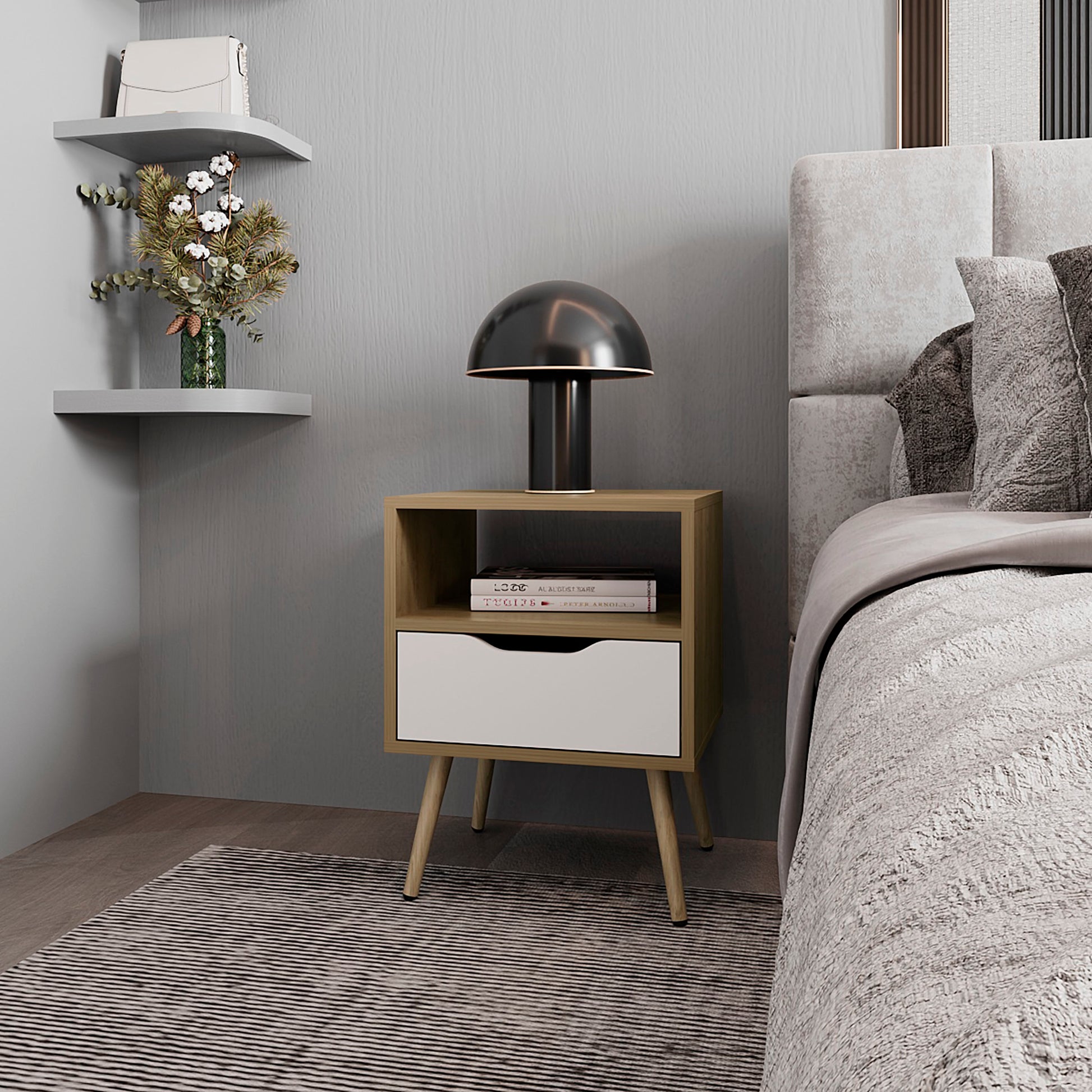 FM FURNITURE Prescott Valley Nightstand with Open Storage, Natural Oak and White