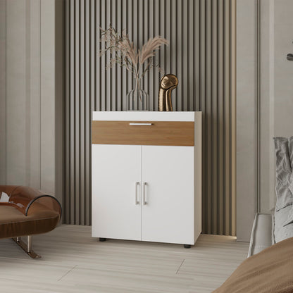 FM FURNITURE North Fork Shoe Rack, Pneumatic Lift-Up Compartment, Dual Doors, White and Natural Oak