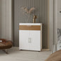 FM FURNITURE North Fork Shoe Rack, Pneumatic Lift-Up Compartment, Dual Doors, White and Natural Oak