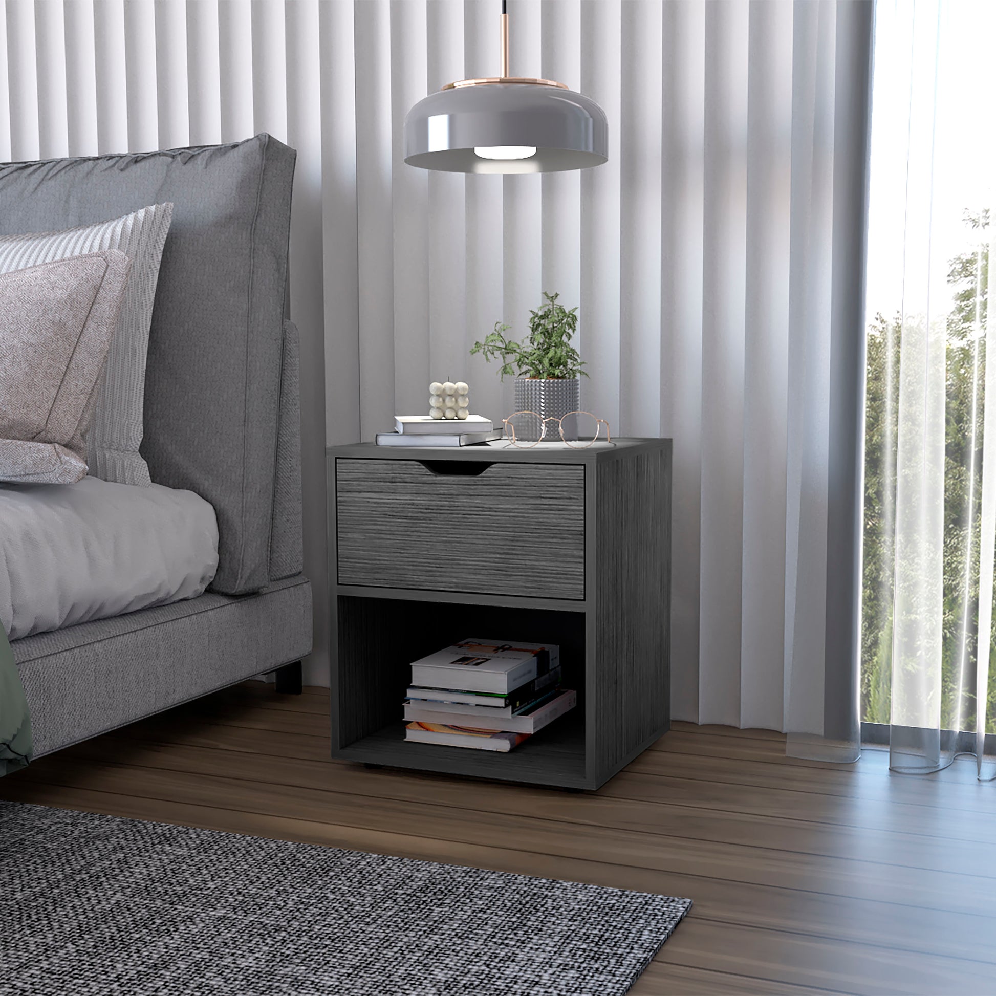 FM FURNITURE Elliott Nightstand with Elegant Drawer and Open Shelf, Ligth Gray