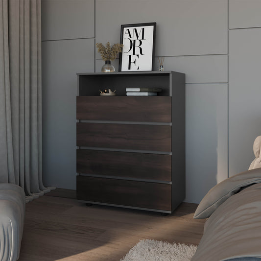 Tokio 4 Drawer Dresser with Open Shelf, Stained Walnut