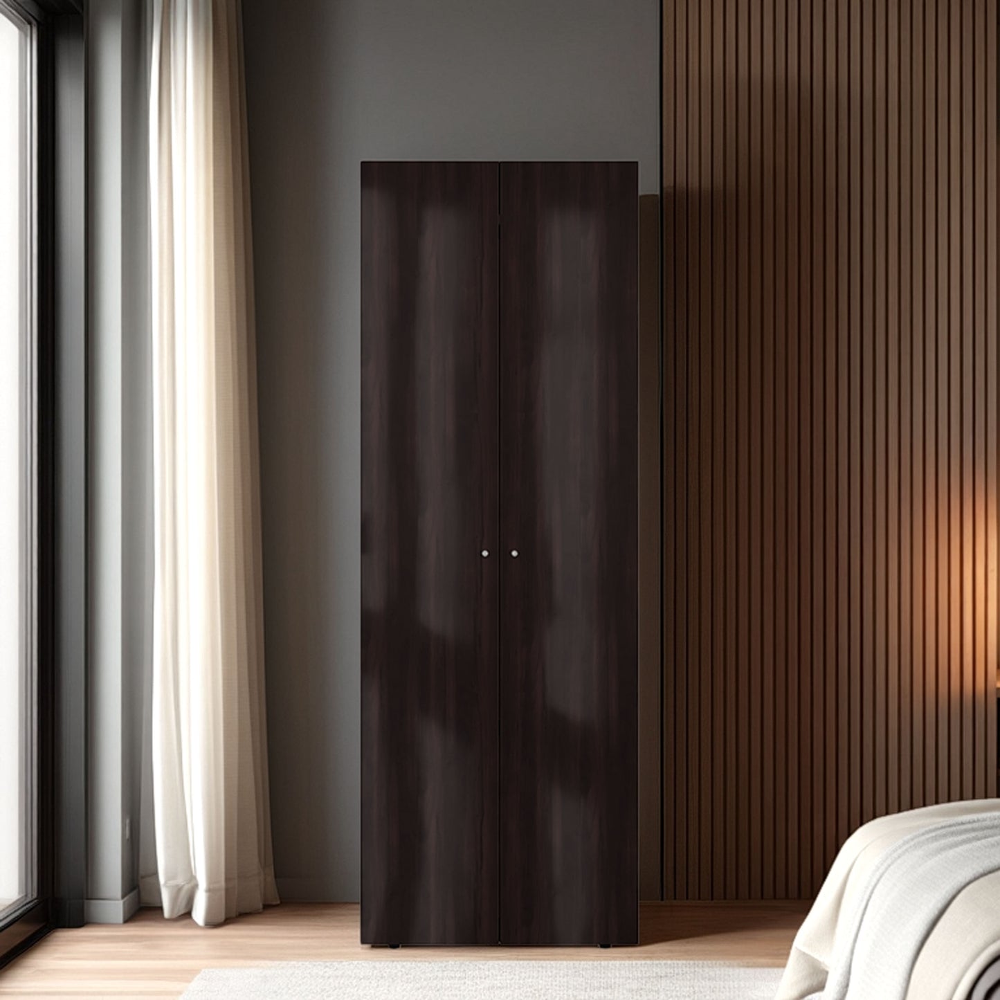 FM FURNITURE World 2-Door Tall Wardrobe Cabinet, 4 Shelves, Vertical Storage, 66.9"H – Bedroom, Stained Walnut