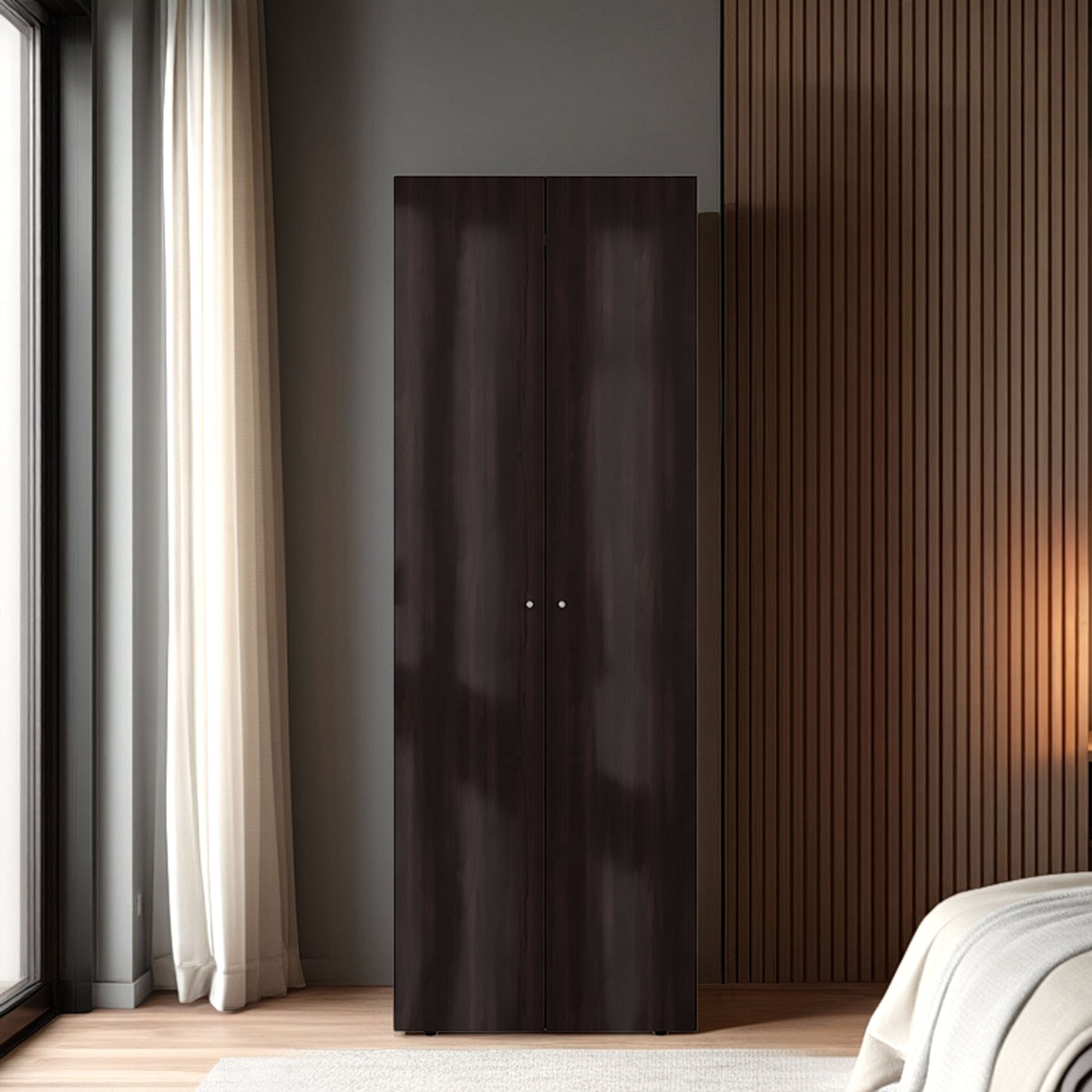 FM FURNITURE World 2-Door Tall Wardrobe Cabinet, 4 Shelves, Vertical Storage, 66.9"H – Bedroom, Stained Walnut