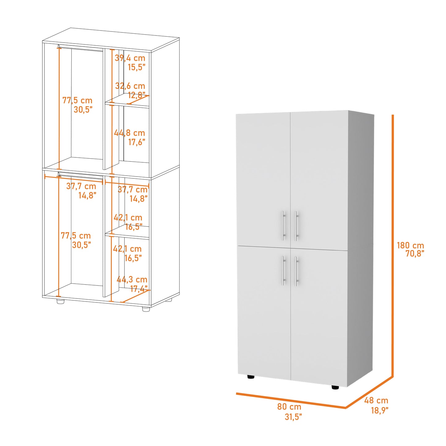 White Melamine Dresser - 18.9 x 31.5 x 70.8", 4 Shelves
