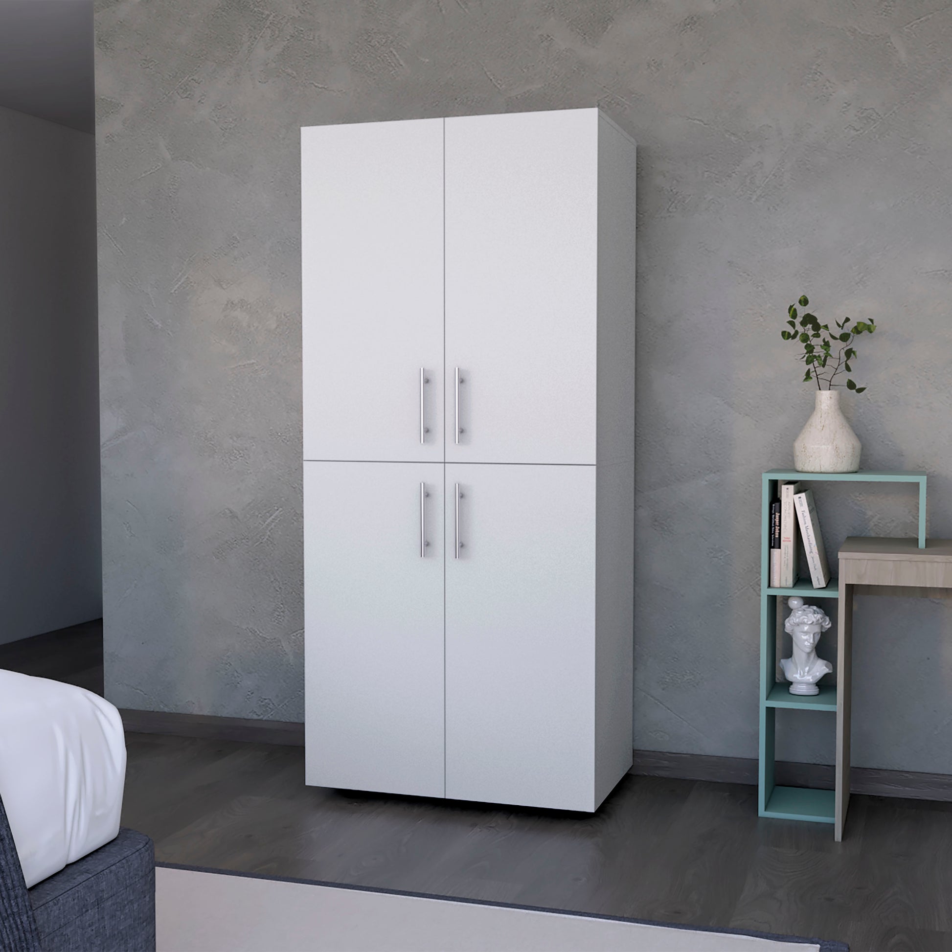 Hazel Armoire in melamine with 2 doors , 4 shelves and 2 clothes hanging bar