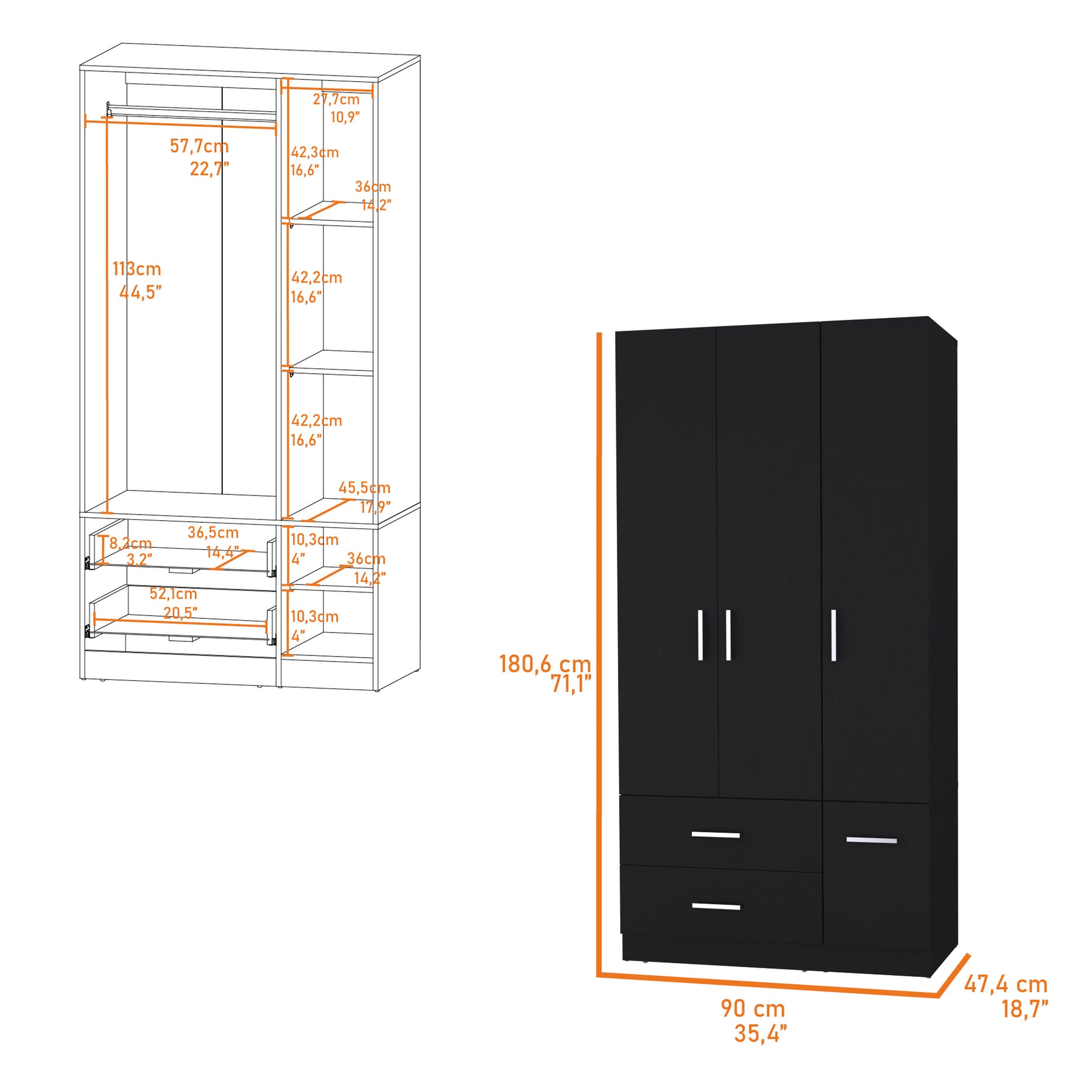 Black Melamine Dresser with Hanging Rod - 36" Wide