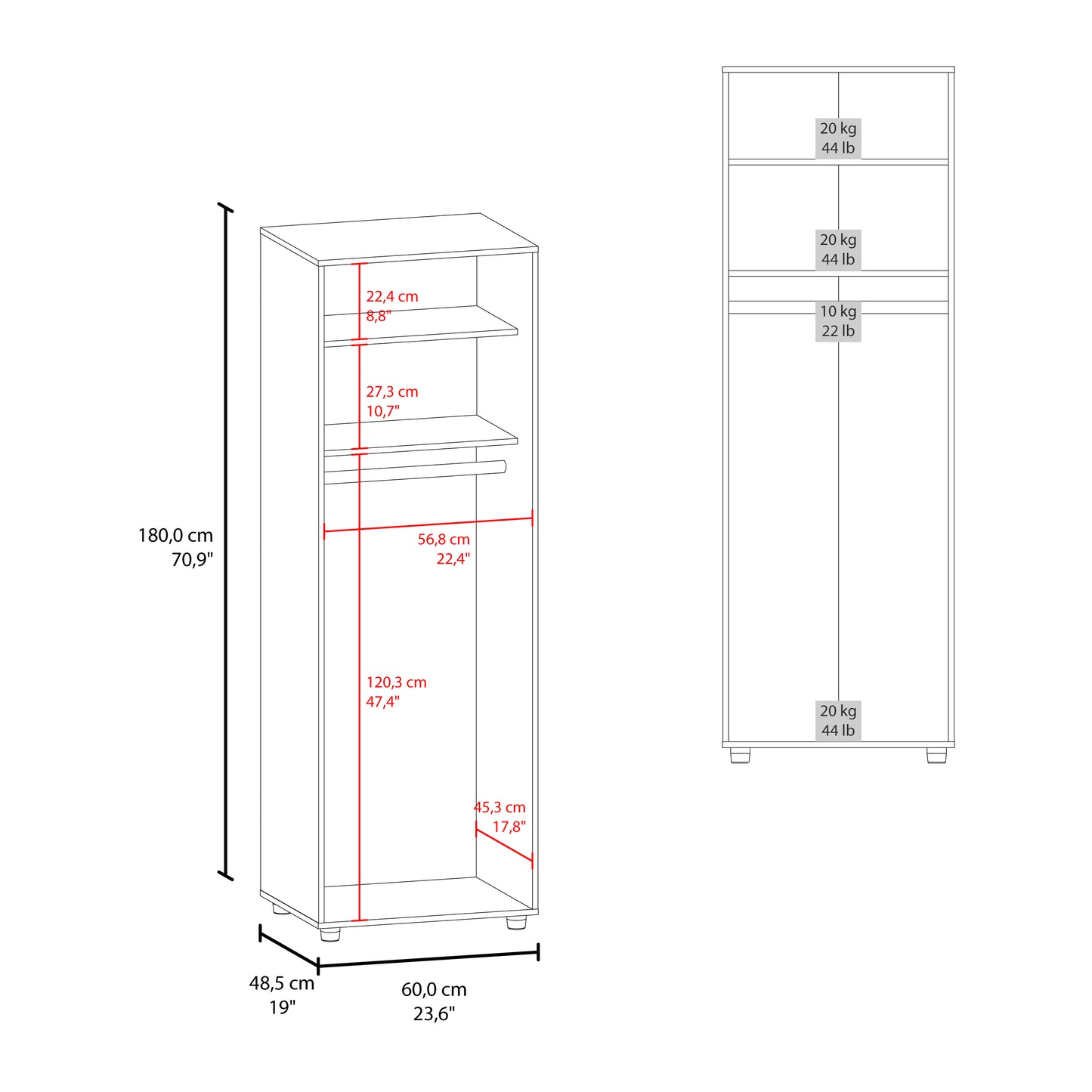 White Modern Dresser with Hanging Rod - 70.9" Tall for Bedroom