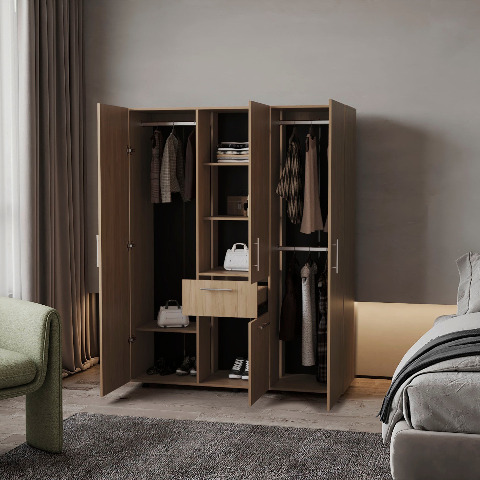 Light Oak Bedroom Dresser with Hanging Rod - 70" Wide