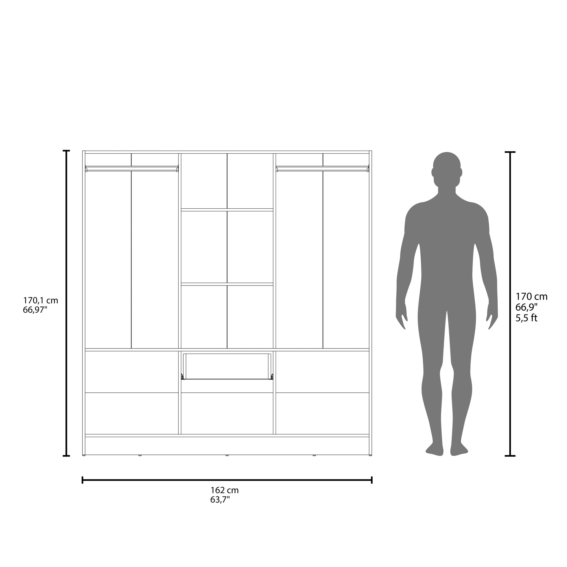 6-Door White Wardrobe with Shelves & Drawer - Multistorage Storage
