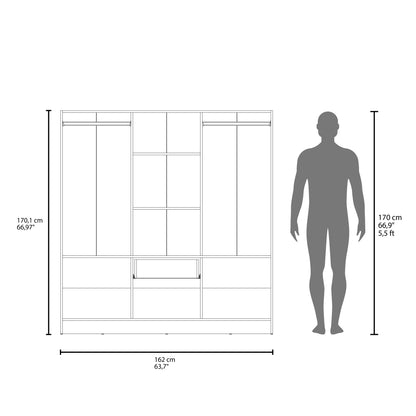 6-Door White Wardrobe with Shelves & Drawer - Multistorage Storage