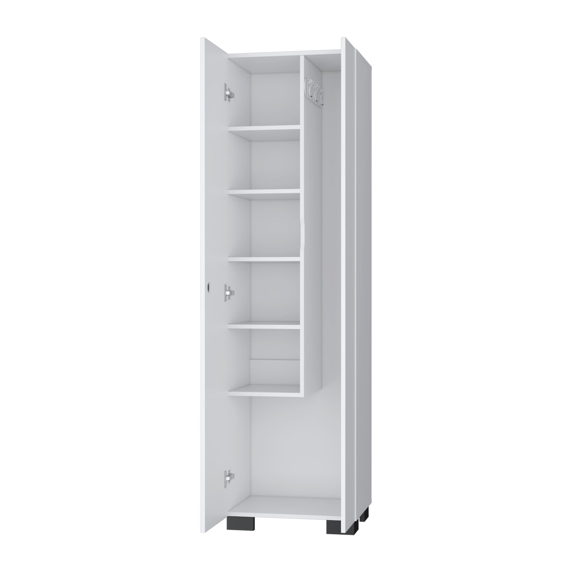 Modern White Particle Board Storage Cabinet with Broom Hangers for Bedroom