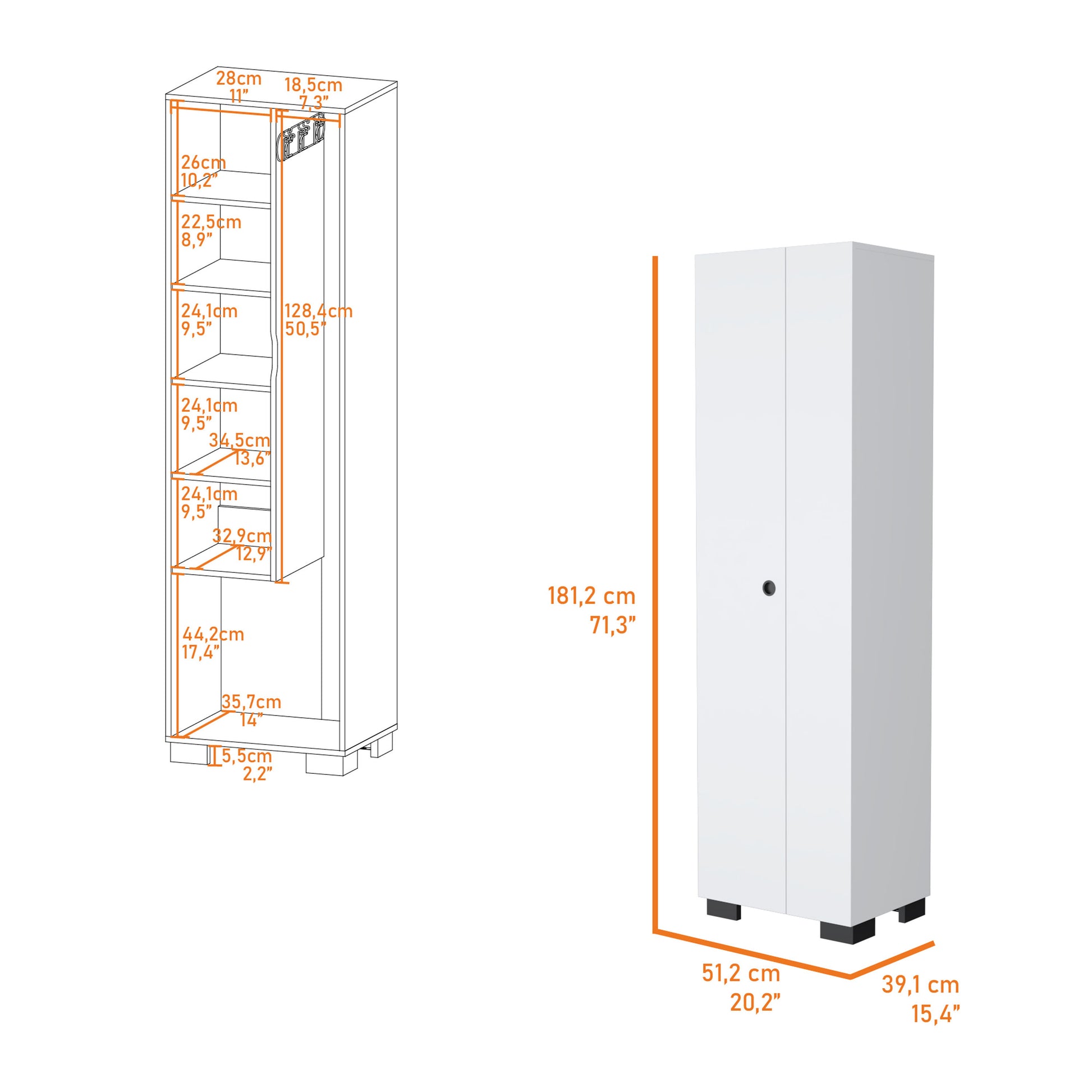 Modern White Particle Board Storage Cabinet with Broom Hangers for Bedroom