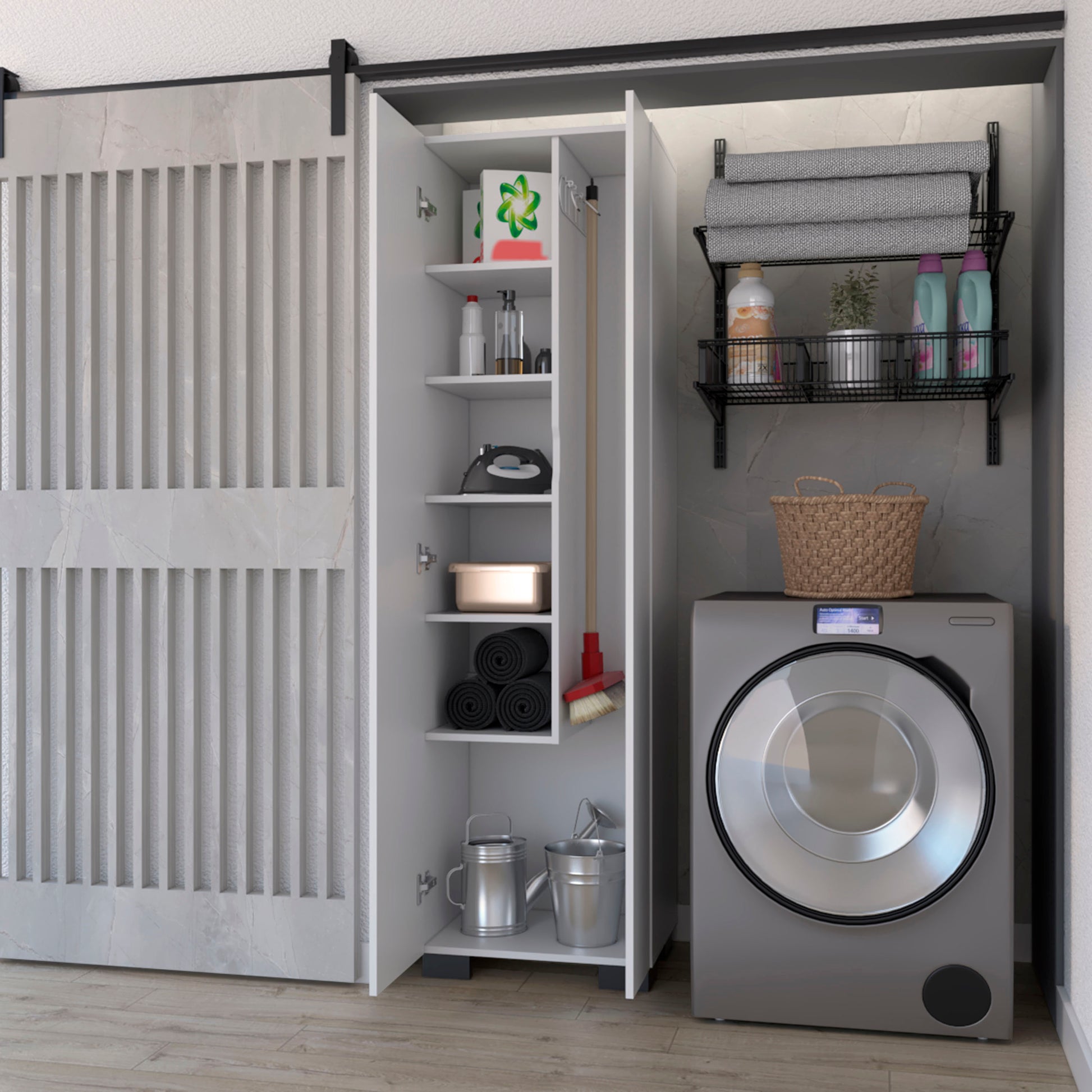 Modern White Particle Board Storage Cabinet with Broom Hangers for Bedroom