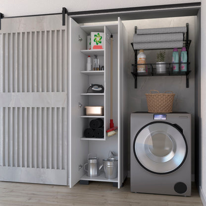 Modern White Particle Board Storage Cabinet with Broom Hangers for Bedroom