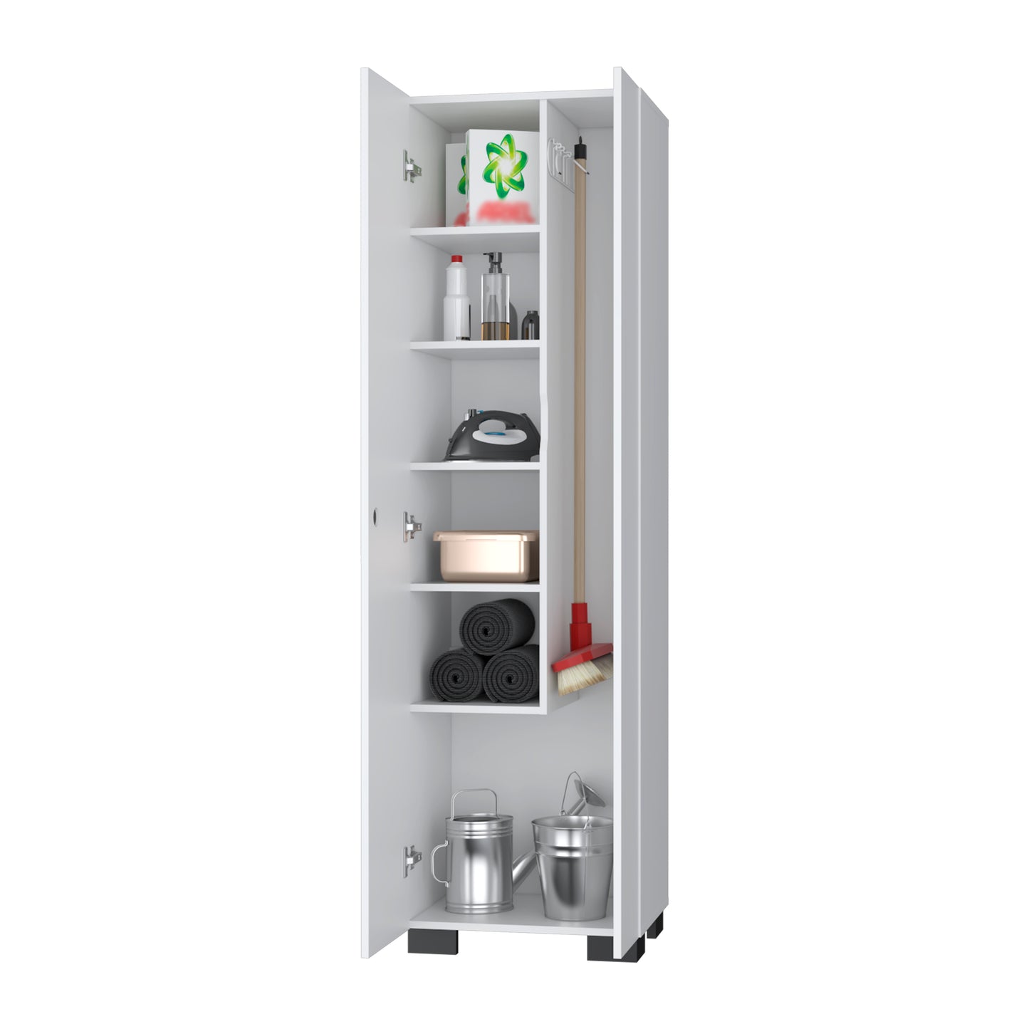 Modern White Particle Board Storage Cabinet with Broom Hangers for Bedroom