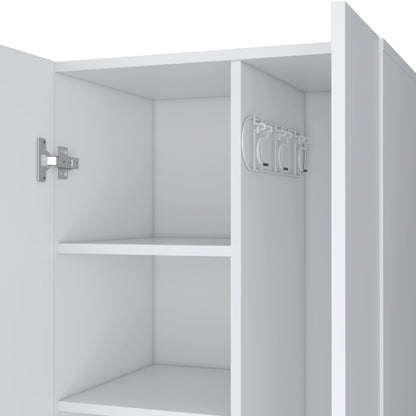 Modern White Particle Board Storage Cabinet with Broom Hangers for Bedroom