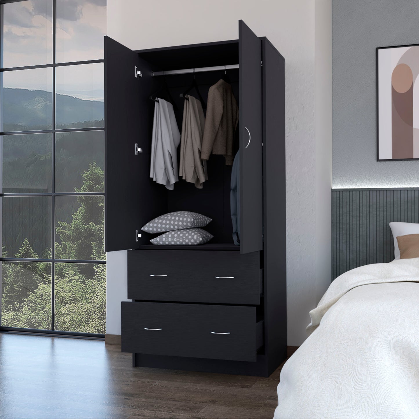 Black Modern Dresser with 2 Drawers & Hanging Rod - Bedroom Storage