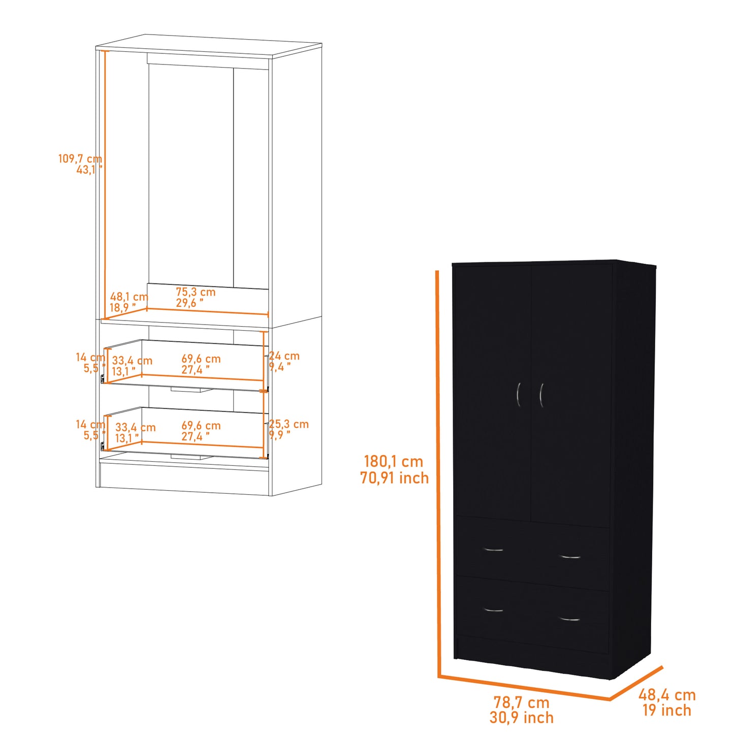 Black Modern Dresser with 2 Drawers & Hanging Rod - Bedroom Storage