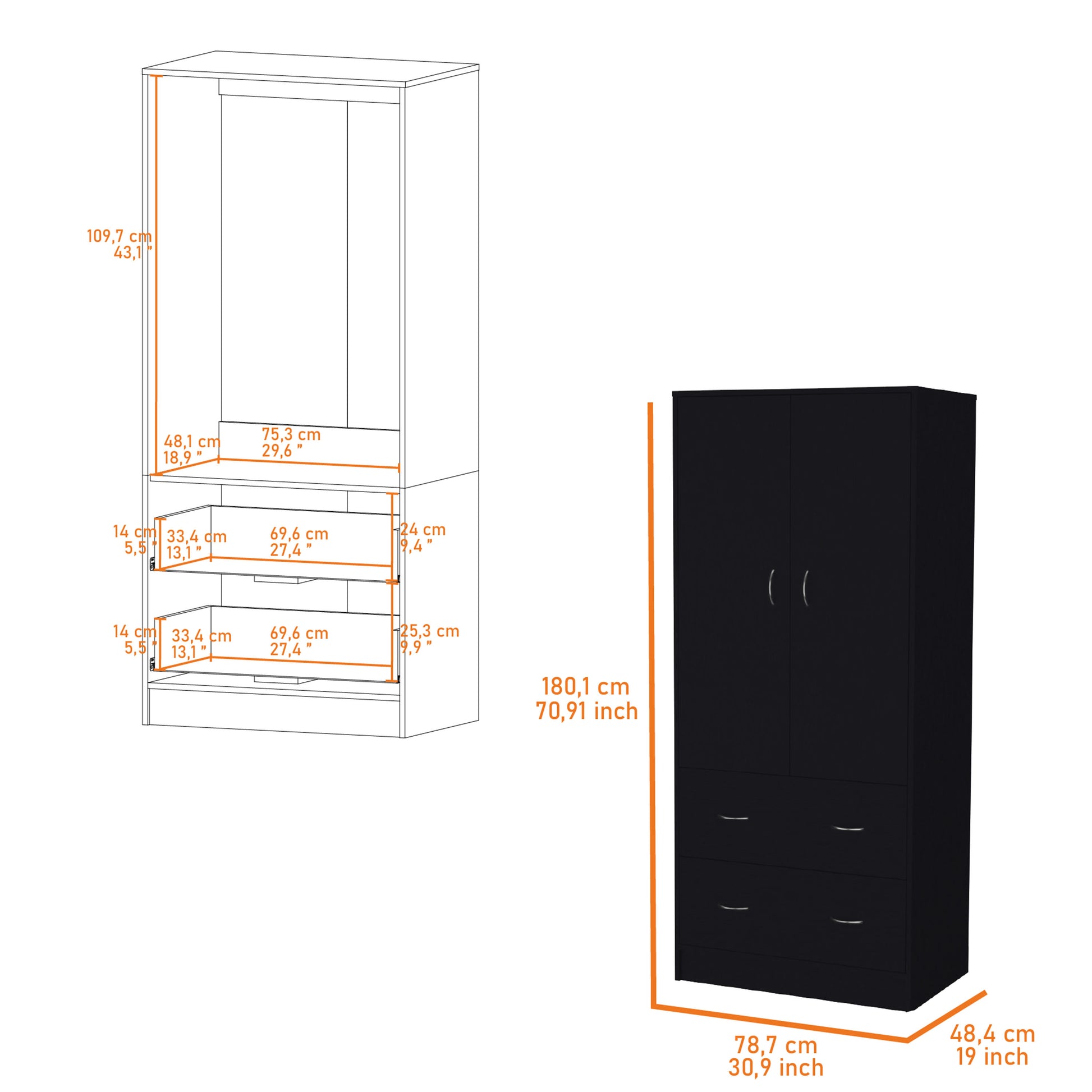 Black Modern Dresser with 2 Drawers & Hanging Rod - Bedroom Storage