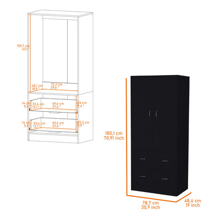 Black Modern Dresser with 2 Drawers & Hanging Rod - Bedroom Storage