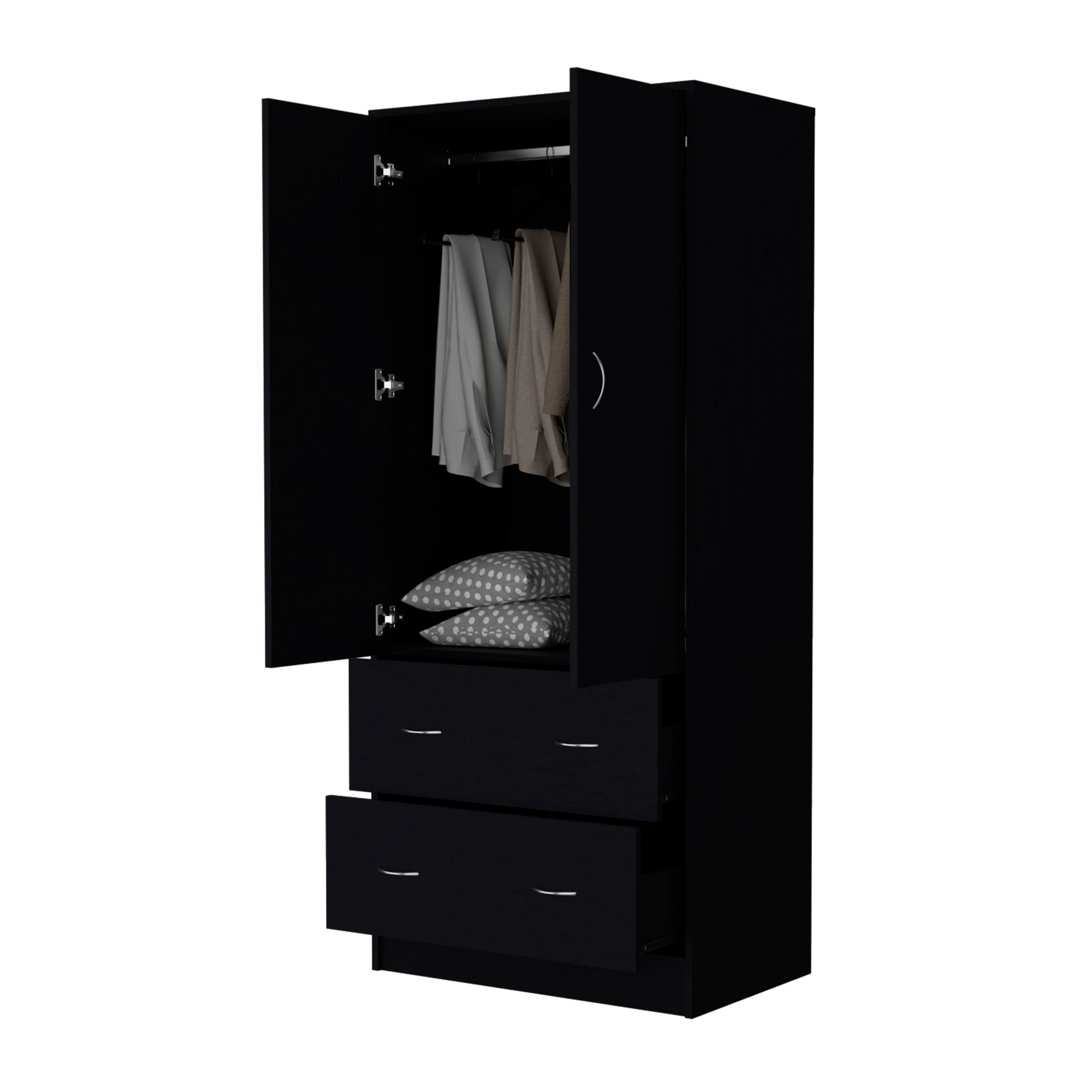 Black Modern Dresser with 2 Drawers & Hanging Rod - Bedroom Storage