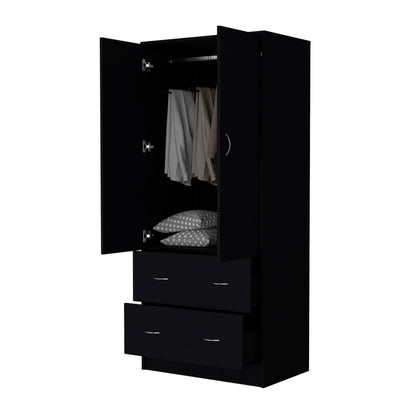 Black Modern Dresser with 2 Drawers & Hanging Rod - Bedroom Storage