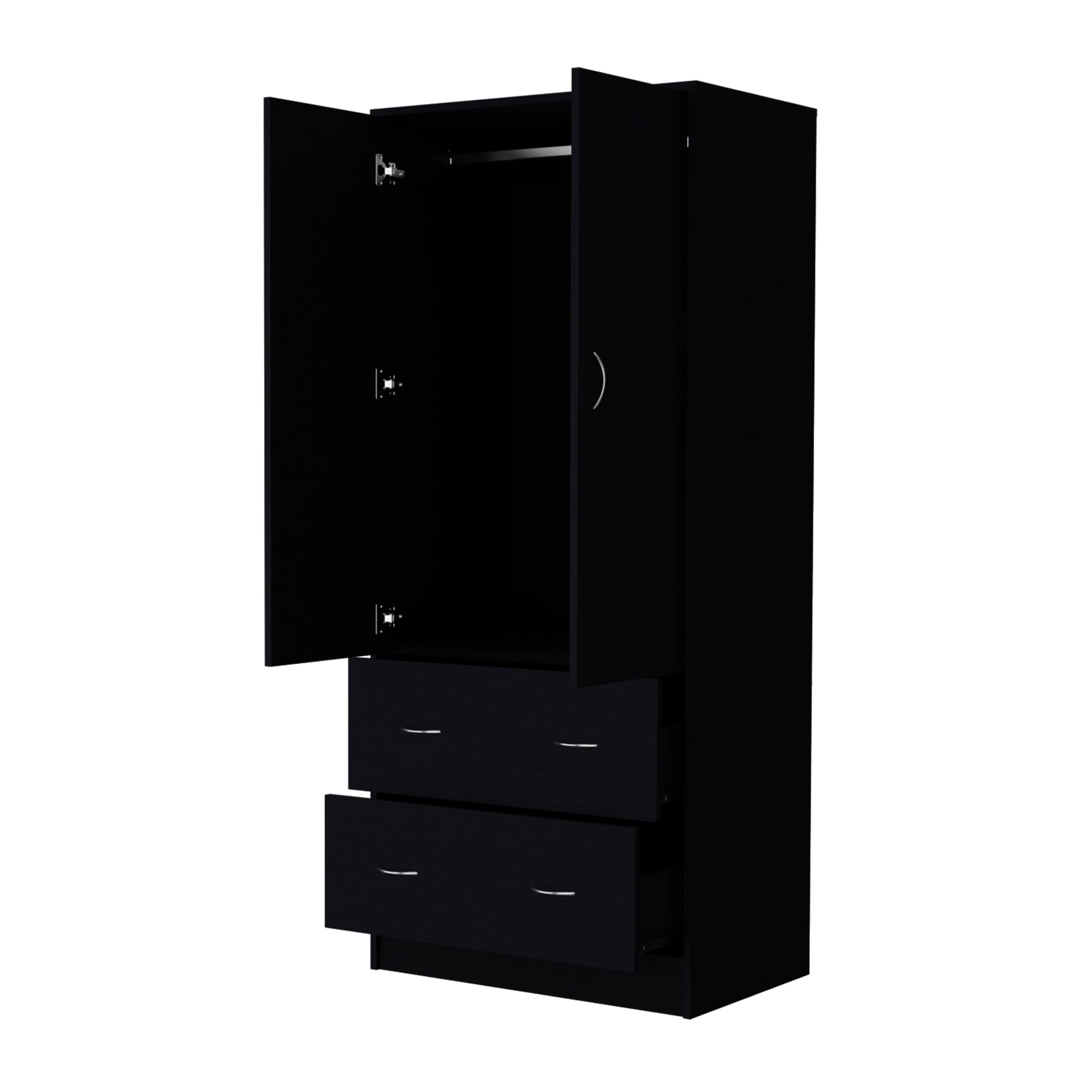 Black Modern Dresser with 2 Drawers & Hanging Rod - Bedroom Storage