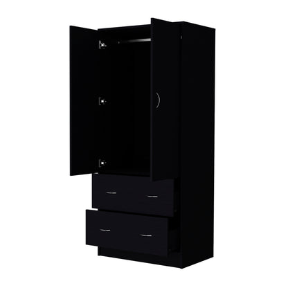 Black Modern Dresser with 2 Drawers & Hanging Rod - Bedroom Storage
