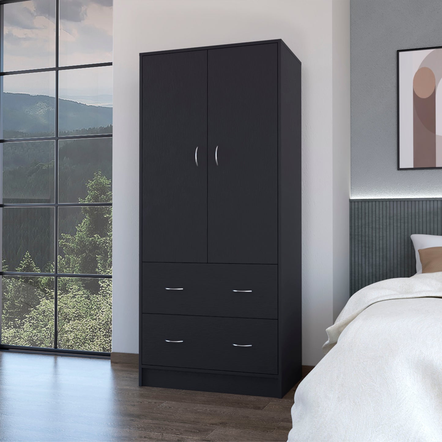 FM FURNITURE Wenden Wardobre with 2 drawers, 2 doors, ample storage and hanging rod,black