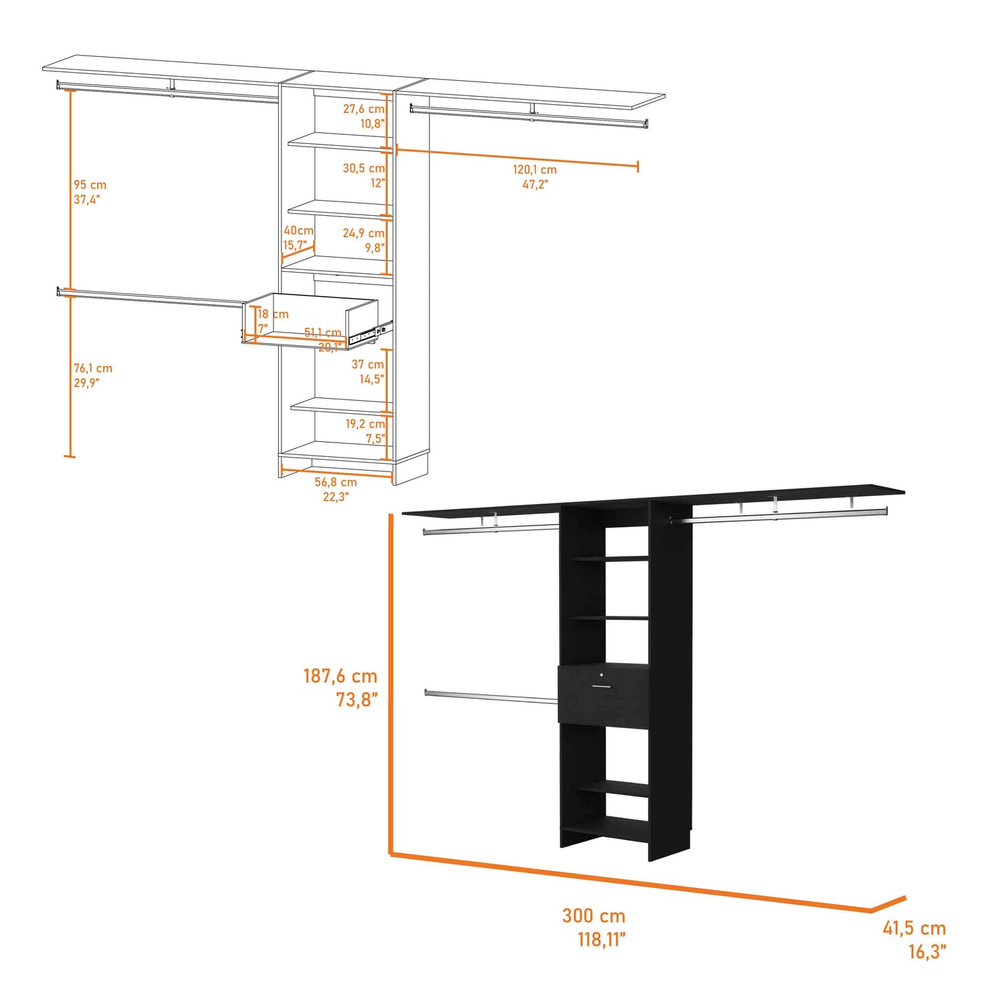 Black Modern Bedroom Dresser - 118" Wide