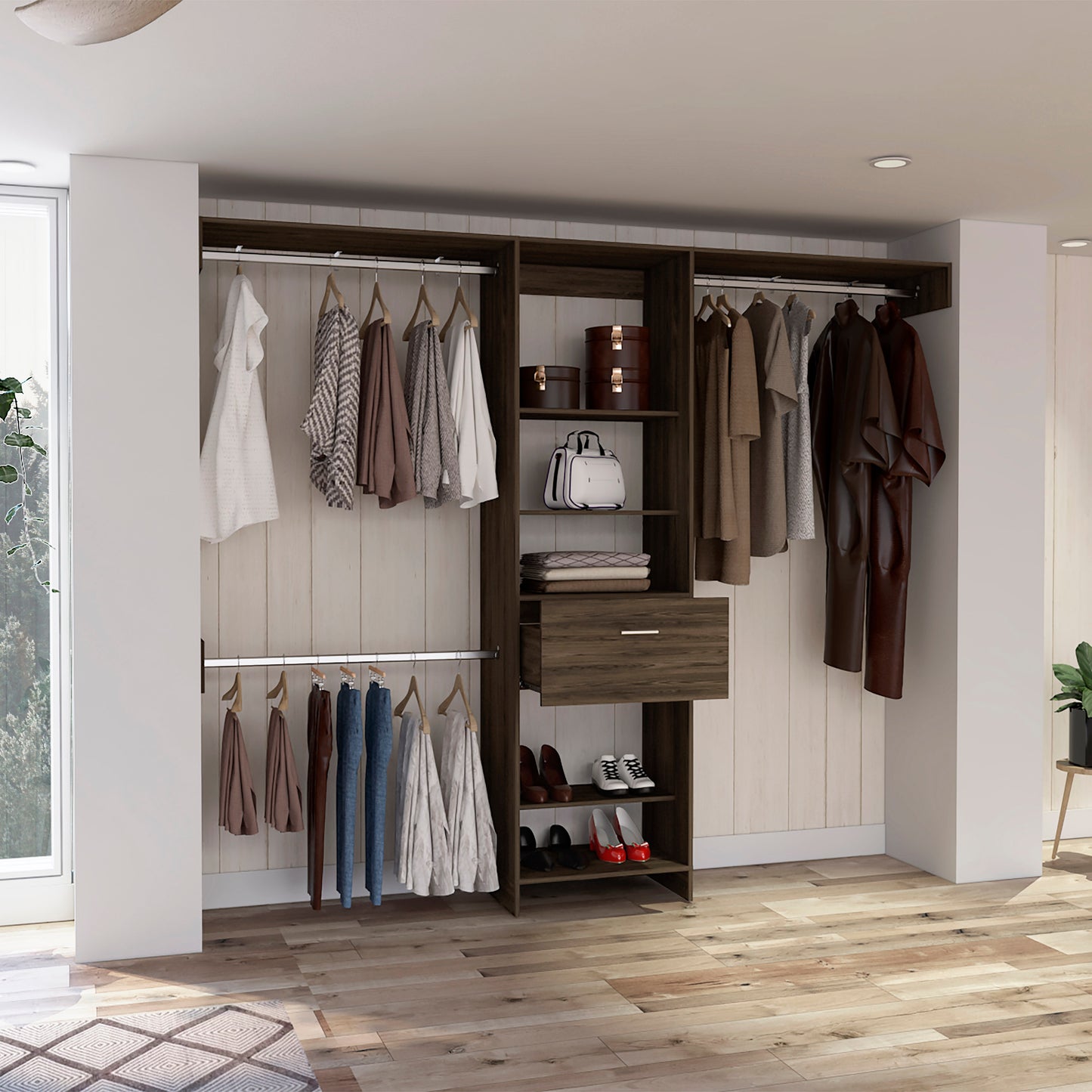Modern Brown Dresser with 5 Shelves & 3 Rods